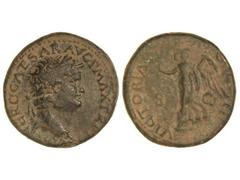 Dupondio. Acuñada el 54-55 d.C. NERÓN. Anv.: IMP. NERO CAESAR AVG. P. MAX. TR. P. P. P. Cabeza laureada a derecha. Rev.: VICTORIA AVGVSTI S. C. Victoria en marcha a izquierda. 12,92 grs. Pátina oscura