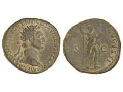 Dupondio. Acuñada el 92-94 d.C. DOMICIANO. Anv.: IMP. CAES. DOMIT. AVG. GERM. COS. XVI CENS. PER. P. P. Cabeza radiada a derecha. Rev.: VIRTVTI AVGVSTI S. C. Virtud en pie a derecha con lanza y parazo