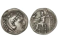 Tetradracma. 336-323 a.C. ALEJANDRO MAGNO. AMPHIPOLIS. MACEDONIA. Anv.: Cabeza de Hércules con piel de león a derecha. Rev.: Zeus entronizado a izquierda. Debajo y delante monogramas, detrás leyenda. 