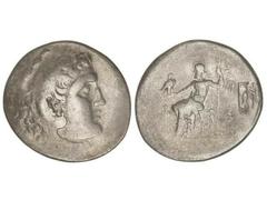 Tetradracma. 221-190 a.C. ALEJANDRO MAGNO. LYCIA. PHASELIS. Anv.: Cabeza de Hércules con piel de león a derecha. Rev.: Zeus entronizado a izquierda, detrás leyenda, delante símbolo. Contramarca a dere