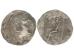 Tetradracma. 80-72 a.C. ALEJANDRO MAGNO. Acuñación posterior a Alejandro. ODESSOS. TRACIA. Anv.: Cabeza de Hércules con piel de león a derecha. Rev.: Zeus entronizado a izquierda, detrás y delante ley