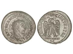 Tetradracma. Acuñada el 244-249 d.C. FILIPO I. SIRIA. Anv.: Busto radiado a derecha, alrededor leyenda. Rev.: Águila en pie, cabeza a derecha, alrededor leyenda. 13,26 grs. Ve. GIC-3956 var. EBC.