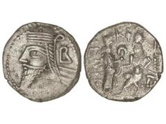 Tetradracma. 208-222 d.C. VOLOGASES VI. PARTIA. Anv.: Cabeza barbada y diademada con tiara del rey a izquierda. Rev.: Rey entronizado a izquierda recibiendo de Tyche una diadema. 9,63 grs. AR. GIC-587