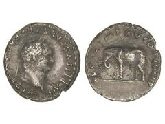 Denario. Acuñada el 80 d.C. TITO. Anv.: IMP. TITVS CAES. VESPASIAN AVG. P. M. Cabeza laureada a derecha. Rev.: TR. P. IX IMP. XV COS. VIII P. P. Elefante marchando a izquierda. Pátina oscura. (Rayitas