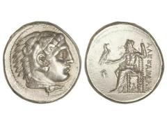 Tetradracma. 336-323 a.C. ALEJANDRO MAGNO. TEBAS. Anv.: Cabeza de Hércules con piel de león a derecha. Rev.: Zeus entronizado a izquierda, detrás leyenda, debajo de la silla serpiente, delante escudo 
