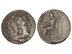 Tetradracma. 300-280 a.C. ALEJANDRO MAGNO. LYCIA. Anv.: Cabeza de Hércules con piel de león a derecha. Rev.: Zeus entronizado a izquierda, detrás leyenda, en el campo M, debajo la silla ¶. 16,90 grs. 
