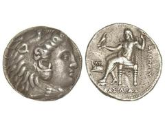 Tetradracma. 336-323 a.C. ALEJANDRO MAGNO. MACEDONIA. Anv.: Cabeza de Hércules con piel de león a derecha. Rev.: Zeus entronizado a izquierda, delante proa de nave, detrás y debajo leyenda. 17 grs. AR