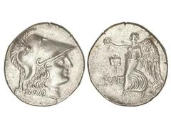 Tetradracma. 190-36 a.C. SIDE- PAMPHILIA. Anv.: Cabeza de Atenea con casco corintio a derecha. Rev.: Nike de pie a izquierda, debajo K¶E-YX. 16,29 grs. AR. Cy-2925. EBC/EBC+.