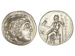 Dracma. 336-323 a.C. ALEJANDRO MAGNO. MACEDONIA. Anv.: Cabeza de Hércules con piel de león a derecha. Rev.: Zeus entronizado a izquierda, detrás leyenda, delante símbolo. 4,12 grs. AR. Se-No cat. EBC+