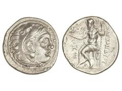 Dracma. 336-323 a.C. ALEJANDRO MAGNO. MACEDONIA. Anv.: Cabeza de Hércules con piel de león a derecha. Rev.: Zeus entronizado a izquierda detrás leyenda, delante símbolo y E. 4,05 grs. AR. Müller-No ca