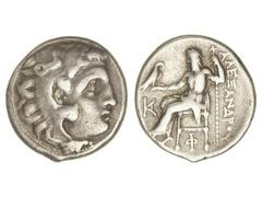 Dracma. 336-323 a.C. ALEJANDRO MAGNO. INCIERTA. Anv.: Cabeza de Hércules con piel de león a derecha. Rev.: Zeus entronizado a izquierda, detrás leyenda, delante K, debajo de la silla ¶. 4,12 grs. AR. 