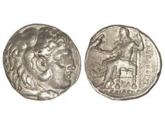 Tetradracma. 336-323 a.C. ALEJANDRO MAGNO. MACEDONIA, TRACIA y TESALIA. Anv.: Cabeza de Hércules con piel de león a derecha. Rev.: Zeus entronizado a izquierda, detrás y debajo leyenda, debajo de la s