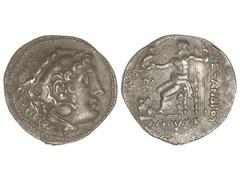 Tetradracma. 336-323 a.C. ALEJANDRO MAGNO. MAGNESIA. Anv.: Cabeza de Hércules con piel de león a derecha. Rev.: Zeus entronizado a izquierda, detrás y debajo leyenda, delante ¶O y esfinge. 17,08 grs. 