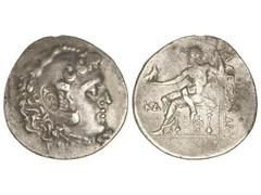 Tetradracma. 336-323 a.C. ALEJANDRO MAGNO. PHILOMELIUM. Anv.: Cabeza de Hércules con piel de león a derecha. Resello en forma de áncora. Rev.: Zeus entronizado a izquierda, detrás leyenda, delante K¶y