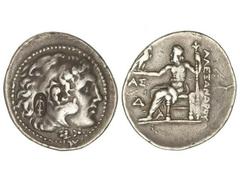 Tetradracma. 336-323 a.C. ALEJANDRO MAGNO. ASPENDOS. Anv.: Cabeza de Hércules con piel de león a derecha y resello con forma de áncora. Rev.: Zeus entronizado a izquierda, detrás leyenda, delante A¶A.
