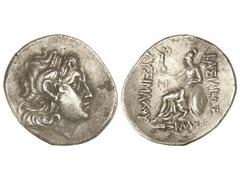 Tetradracma. 300-281 a.C. LISÍMACO. TRACIA. Anv.: Cabeza de Alejandro Magno diademada a derecha, con los cuernos de Amón. Rev.: Atenea con casco sentada a izquierda con Nike, delante y detrás leyenda,