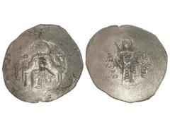 Trachy. JUAN II (1118-1143). CONSTANTINOPLA. Anv.: Virgen entronizada de frente. Rev.: Juan en pie de frente. 3,15 grs. Ve. (Pequeñas grietas en anverso). Se-1943. (MBC-).