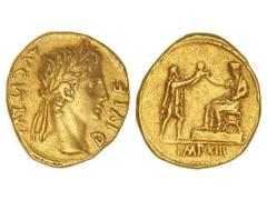 ROMAN COINS: ROMAN EMPIRE Áureo. 8 a.C. OCTAVIANO COMO AUGUSTO. LUGDUNUM. Anv.: AVGVSTVS DIVI F. Cabeza laureada a derecha. Rev.: Augusto sentado a izquierda sobre una plataforma, extendiendo el brazo