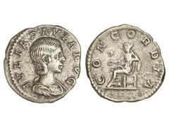 ROMAN COINS: ROMAN EMPIRE Denario. Acuñada el 219 d.C. JULIA PAULA. Anv.: IVLIA PAVLA AVG. Busto a derecha. Rev.: CONCORDIA. Concordia sentada a izquierda. 2,47 grs. AR. C-6. EBC-/MBC+.