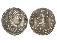 ROMAN COINS: ROMAN EMPIRE Silicua. 367-375 d.C. GRACIANO. Anv.: D. N. GRATIANVS P. F. AVG. Busto diademado a derecha. Rev.: VRBS. ROMA. En exergo: TRPS. Roma sentada a izquierda con Victoria y cetro. 