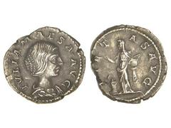 ROMAN COINS: ROMAN EMPIRE Denario. Acuñada el 223 d.C. JULIA MAESA. Anv.: JULIA MAESA AVG. Busto a derecha. Rev.: (PI)ETAS AVG. Piedad en pie a izquierda a sus pies altar. 3,12 grs. AR. Pátina. (Peque