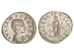 ROMAN COINS: ROMAN EMPIRE Denario. Acuñada el 223 d.C. JULIA MAESA. Anv.: IVLIA MAESA AVG. Busto a derecha. Rev.: SAECVLI FELICITAS. Felicidad en pie a izquierda con pátera y caduceo, a sus pies altar