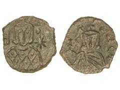 BYZANTINE COINS Follis. LEÓN V (813-820). SIRACUSA. Anv.: Busto coronado de frente, sosteniendo cruz potente. Rev.: KONCT. C-I. Busto coronado de Constantino de frente, sosteniendo cruz y globo. 4,03 