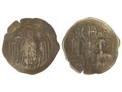BYZANTINE COINS Trachy. MIGUEL VIII (1261-1282 d.C.). THESALONICA. Anv.: Arcángel San Miguel en pie. Rev.: Figuras de San Miguel y San Demetrio en medio cruz dentro de un círculo. 2 grs. AE. Se-2297. 