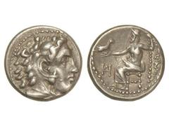 GREEK COINS Dracma. 336-323 a.C. ALEJANDRO MAGNO. INCIERTA. Anv.: Cabeza de Hércules con piel de león a derecha. Rev.: Zeus entronizado a izquierda, detrás leyenda, delante monograma. 4,27 grs. AR. Mü