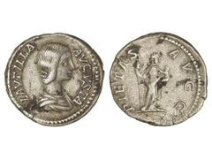 ROMAN COINS: ROMAN EMPIRE Denario. Acuñada el 202-212 d.C. PLAUTILLA. Anv.: PLAVTILLA AVGVSTA. Busto a derecha. Rev.: PIETAS AVGG. Piedad en pie a derecha con cetro y niño en sus brazos. 3,52 grs. AR.