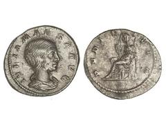 ROMAN COINS: ROMAN EMPIRE Denario. Acuñada el 223 d.C. JULIA MAESA. Anv.: IVLIA MAESA AVG. Busto a derecha. Rev.: PVDICITIA. Pudibundez sentada a izquierda con cetro. 3,15 grs. C-36. MBC+.
