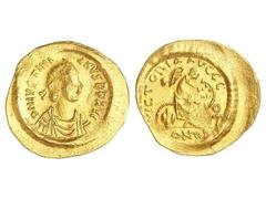 BYZANTINE COINS Semisis. JUSTINIANO I (527-565 d.C.). CONSTANTINOPLA. Anv.: D. N. IVSTINIANVS PP. AVG. Busto diademado a derecha. Rev.: VICTORIA AVGGG. CONOB. Victoria sentada a derecha inscribiendo n