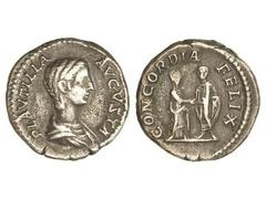 ROMAN COINS: ROMAN EMPIRE Denario. Acuñada el 202-212 d.C. PLAUTILLA. Anv.: PLAVTILLA AVGVSTA. Busto a derecha. Rev.: CONCORDIA FELIX. Caracalla y Plautilla en pie frente a frente dándose la mano. 3,0