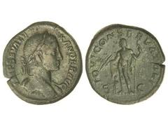 ROMAN COINS: ROMAN EMPIRE Sestercio. Acuñada el 222-231 d.C. ALEJANDRO SEVERO. Anv.: IMP. SEV. ALEXANDER AVG. Busto laureado a derecha. Rev.: IOVI CONSERVATORI S. C. Júpiter en pie a izquierda con cet