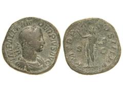 ROMAN COINS: ROMAN EMPIRE Sestercio. Acuñada el 231 d.C. ALEJANDRO SEVERO. Anv.: IMP. ALEXANDER PIVS AVG. Busto laureado a derecha. Rev.: P. M. TR. P. X COS. III P. P. Sol radiado en pie a izquierda c