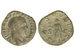 ROMAN COINS: ROMAN EMPIRE Sestercio. Acuñada el 231-235 d.C. ALEJANDRO SEVERO. Anv.: IMP. ALEXANDER PIVS AVG. Busto laureado a derecha. Rev.: SPES PVBLICA S.C. Esperanza en marcha a izquierda con una 