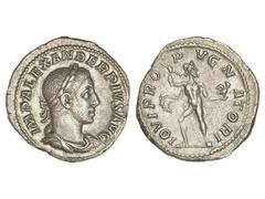 ROMAN COINS: ROMAN EMPIRE Denario. Acuñada el 231-235 d.C. ALEJANDRO SEVERO. Anv.: IMP. ALEXANDER PIVS AVG. Busto laureado a derecha. Rev.: IOVI PROPVGNATORI. Júpiter a izquierda con rayo, cabeza a de