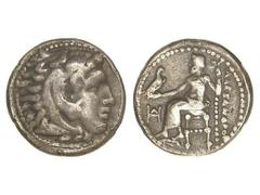 GREEK COINS Dracma. 336-323 a.C. ALEJANDRO MAGNO. MACEDONIA. Anv.: Cabeza de Hércules con piel de león a derecha. Rev.: Zeus entronizado a izquierda, detrás leyenda, delante monograma. 3,80 grs. AR. M