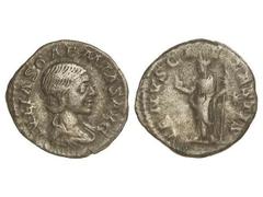 ROMAN COINS: ROMAN EMPIRE Denario. Acuñada el 222 d.C. JULIA SOEMIAS. Anv.: IVLIA SOAEMIAS AVG. Busto a derecha. Rev.: VENVS CAELIESTIS. Venus en pies a izquierda con cetro y manzana. 2,68 grs. Pátina