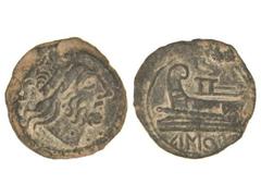 CELTIBERIAN COINS Semis. IMITACIONES INDÍGENAS DE UN SEMIS DE LA REPÚBLICA ROMANA. Anv.: Cabeza de Saturno a derecha, detrás S. Rev.: Proa a izquierda, debajo AMOR. 7,55 grs. AE. Pátina verde. ESCASA 