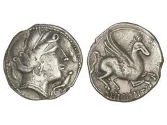 CELTIBERIAN COINS Dracma. DRACMA IBÉRICA DE IMITACIÓN EMPORITANA. Anv.: Cabeza femenina a derecha rodeada por tres delines. Rev.: Pegaso Crisaor a derecha, debajo leyenda pseudo-ibérica HM¶TI. 4,68 gr