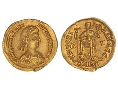 ROMAN COINS: ROMAN EMPIRE Sólido. Acuñada el 425-455 d.C. VALENTINIANO III. RAVENA. Anv.: D. N. PLA. VALENTINIANVS P. F. AVG. Busto a derecha con coraza y diadema ornamentada. Rev.: VICTORIA AVGGG. en