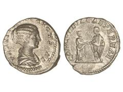 ROMAN COINS: ROMAN EMPIRE Denario. 212 d.C. PLAUTILLA. Anv.: PLAVTILLAE AVGVSTAE. Busto a derecha. Rev.: CONCORDIAE AETERNAE. Caracalla y Plautilla en pie frente a frente. 3,28 grs. AR. C-10. EBC-.