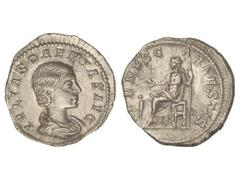 ROMAN COINS: ROMAN EMPIRE Denario. Acuñada el 222 d.C. JULIA SOEMIAS. Anv.: IVLIA SOAEMIAS AVG. Busto a derecha. Rev.: VENVS CAELESTIS. Venus sentada a izquierda con cetro y manzana, niño a sus pies. 