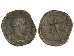 ROMAN COINS: ROMAN EMPIRE Sestercio. Acuñada el 229 d.C. ALEJANDRO SEVERO. Anv.: IMP. ALEXANDER PIVS AVG. Busto laureado a derecha. Rev.: P. M. TR. P. VIII COS. III P. P. S. C. Sol radiado a izquierda