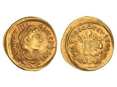BYZANTINE COINS Tremisis. JUSTINIANO I (527-565 d.C.). CONSTANTINOPLA. Anv.: D. N. IVSTINIANVS P. P. AVC. Busto diademado a derecha. Rev.: VICTORIA AVGVSTORVM CONOB. Estrella en campo. Victoria en pie