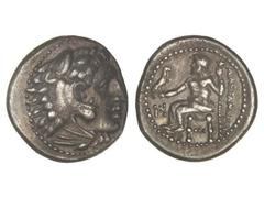 GREEK COINS Dracma . 336-323 a.C. ALEJANDRO MAGNO . CECA INCIERTA . Anv.: Cabeza de Hércules con piel de león a derecha. Rev.: Zeus entronizado a izquierda, detrás leyenda, delante monograma. 4,08 grs