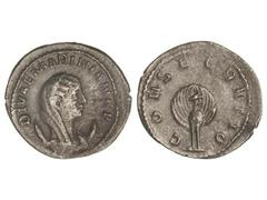 ROMAN COINS: ROMAN EMPIRE Antoniniano. Acuñada el 256 d.C. MARINIANA. Anv.: DIVAE MARINIANAE. Busto con velo a derecha, sobre media luna. Rev.: CONSECRATIO. Pavo real de frente mirando a izquierda y c