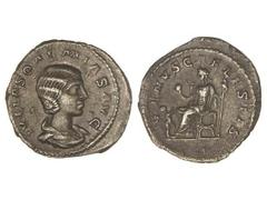 ROMAN COINS: ROMAN EMPIRE Denario. Acuñada el 222 d.C. JULIA SOEMIAS. Anv.: IVLIA SOAEMIAS AVG. Busto a derecha. Rev.: VENVS CAELESTIS. Venus sentada a izquierda con cetro y monograma, niño a sus pies