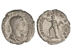 ROMAN COINS: ROMAN EMPIRE Denario. Acuñada el 231-235 d.C. ALEJANDRO SEVERO. Anv.: IMP. ALEXANDER PIVS AVG. Busto laureado a derecha. Rev.: IOVI PROPVGNATORI. Júpiter a izquierda con rayo y la cabeza 